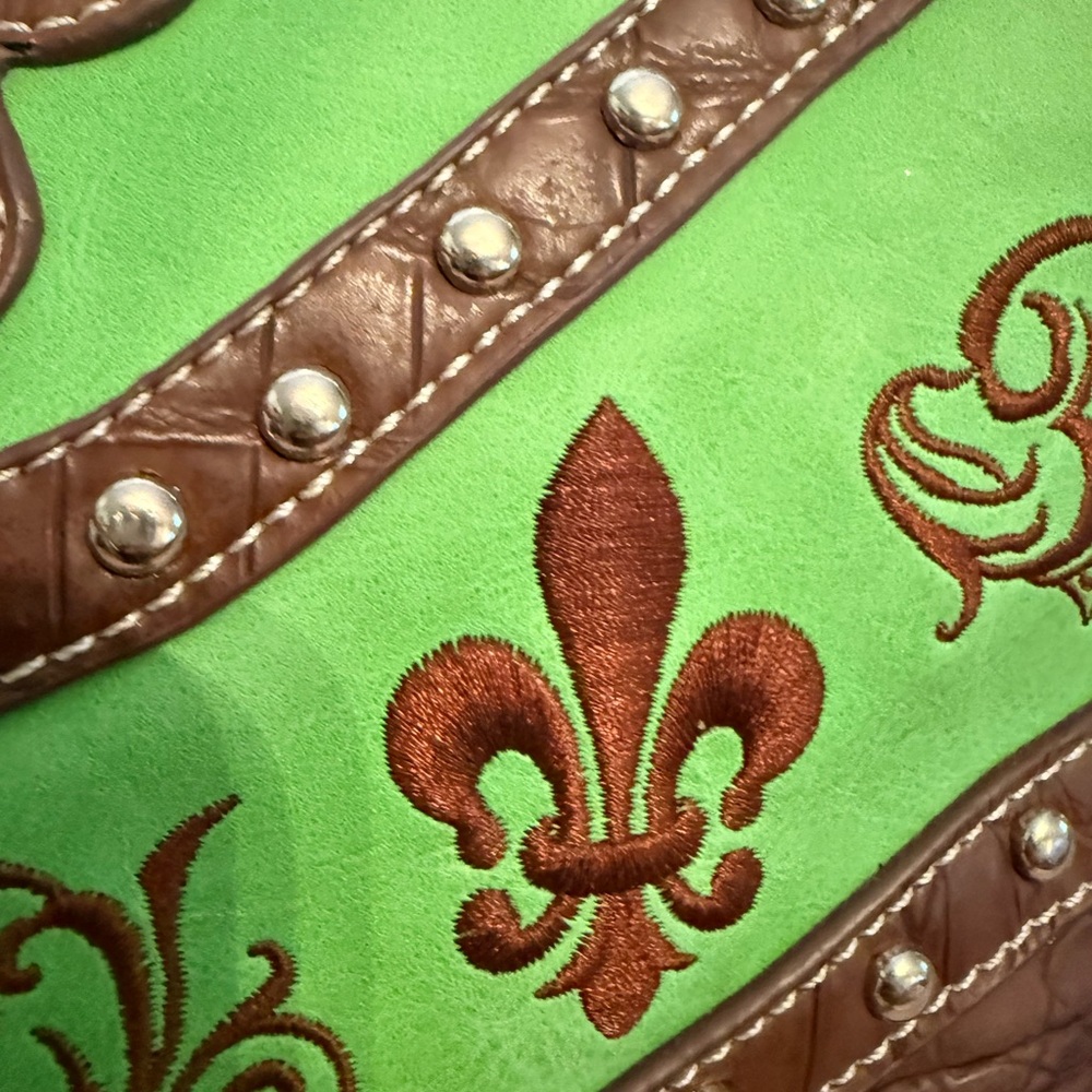 Fleur-De-Lis Brown & Lime Green Women's Handbag - Picture 5 of 12